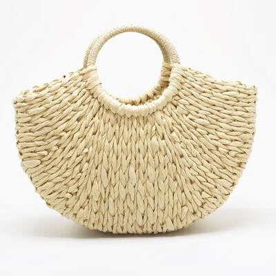 

2018 new Handmade Bag Women Pompon Beach Weaving Ladies Straw Bag Wrapped Beach Bag Moon shaped Bag