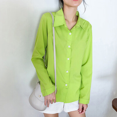 

2019 New Fashion Women Korean Temperament Wild Solid Color Loose V-neck Long-sleeved Chiffon Shirt