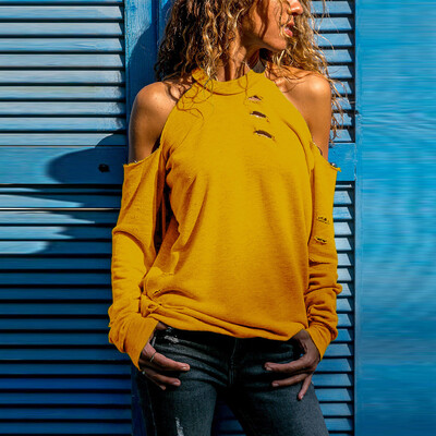 

Tailored Women Casual Off Shoulder Solid Color Hollow Out Long Sleeve Blouse Shirt Tops