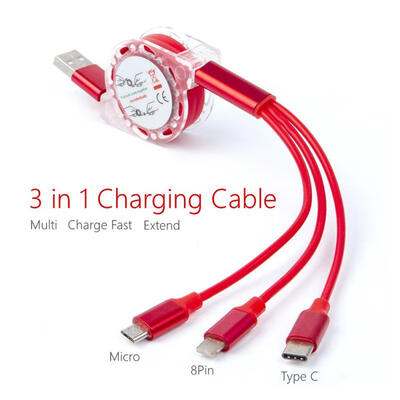 

3-in-1 Portable 8Pin Lightning Type-C Micro USB Telescopic Charging Cable-1m