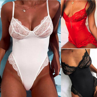

US Ladies Strappy Plunge V Neck Full Lace Bodysuit Womens Bodycon Tops Lingerie