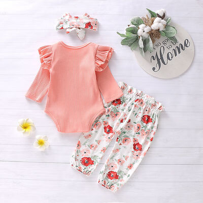 

Autumn Baby Girl Adorable Long Flare Sleeve Romper Tops Floral Trousers Headband Outfits Clothes