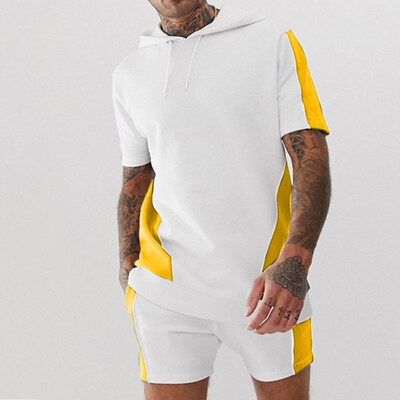 

Toponeto Men Shirt&Shorts Hooded Outfit Pocket Sports Color Block Two Piece Set