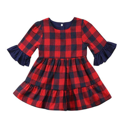 

Casual Plaid Flare Sleeve A-line Dress Autumn High Waist Girls Cute Clothes