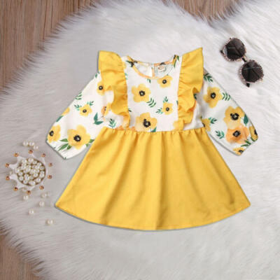 

Toddler Baby Girl Long Sleeve Floral Dress Kids Princess Party Cotton Tutu Dress