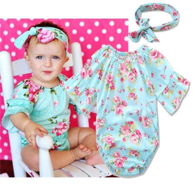 

0-24M Newborn Infant Baby Girls Floral Bodysuit Short Sleeve Romper Jumpsuit Clothes Headband Outfits Sunsuit