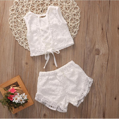 

White 2Pcs Toddler Kids Girls Lace Crochet Tops Shorts Summer Outfits Set Clothes