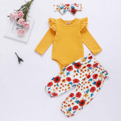 

UK Baby Girls 3PCs Floral Outfits Set Newborn Toddler Clothes Tops Pants Romper