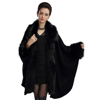 

Fashion Women Furry Cape Knit Wrap Scarf Shawl Cape Coat With Luxury Faux Fur Collar Sweater Plus Size 2019