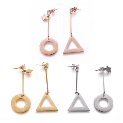 

304 Stainless Steel Dangle Stud Earrings with Rhinestone Triangle with Donut Mixed Color 25x23x15mm 22x13mm Pin 07mm