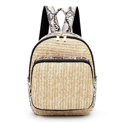 

Snake Print Travel Backpacks Women Straw Small Knapsack PU Leather Rucksack