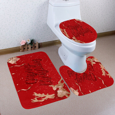 

Gobestart 3PCS Christmas Bathroom Non-Slip Pedestal Rug Lid Toilet Cover Bath Mat Set