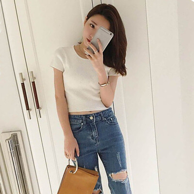 

Womens O Neck Solid Short Sleeve Knitted Crop Top