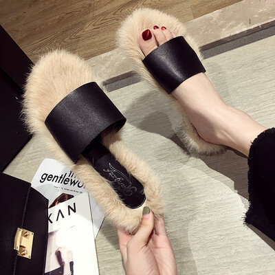 

Slippers female ins tide summer Korean version of Joker fashion dew toe rabbit hair drag students flat sandals