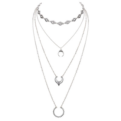 

Boho Multi Layer Chain Pendant Choker Necklace For Women Fashion Silver Color Statement Jewelry