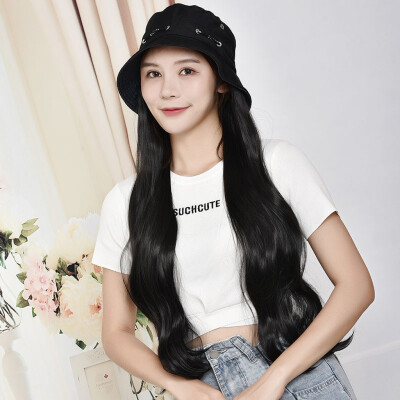 

Gobestart Hat Wig One Wig Female Long Curly Hair Big Wave Wig Set Hat