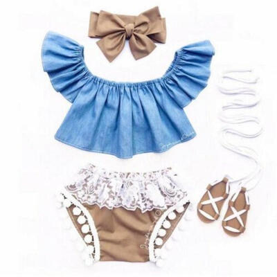 

US Infant Newborn Baby Girl Fly Sleeve Denim Top Lace Shorts 3Pc Clothes Outfit