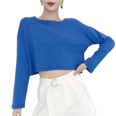 

Sexy Women Tee Long Sleeve Round Neck Loose Casual Slim Tops Solid Color T Shirt Loose Halter Short T-shirt Top