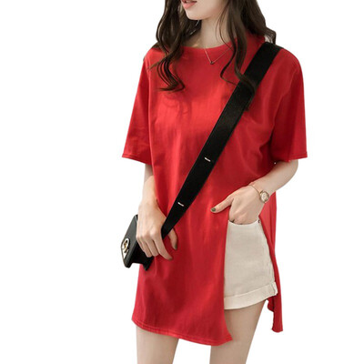 

Women O Neck Side Split Irregular Casual Tops Solid Color Short Sleeve Brief Tshirts Harajuku Streetwear Elegant Long T-shirts