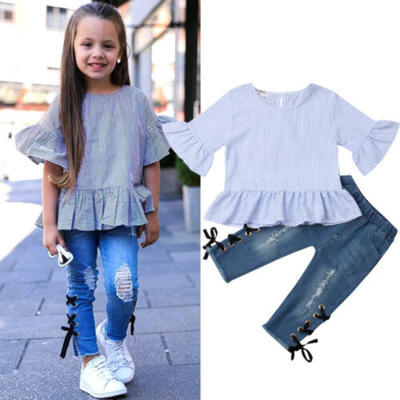 

Toddler Kids Baby Girl Ruffle Stripe Tops Denim Pants Jeans Outfits Clothes 1-6Y