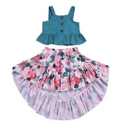 

2pcs Kids Girls Dots Sling Ruffle Tops Irregular Floral Dress Outfits Set
