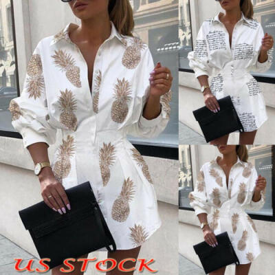 

Women Long Sleeve Office Button Down Blouse Shirt Casual Loose Mini Dress