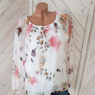 

Women Summer Autumn Long Sleeve O Neck Women Lace Up Floral Print Irregular Shirts 3XL Plus Size Women Tops Tee