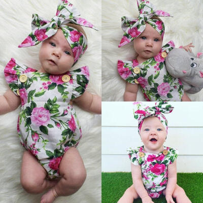 

Infant Baby Girl Floral Romper Jumpsuit Bodysuit Headband Outfits Sunsuit Set