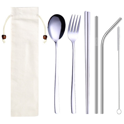 

Toponeto Stainless Steel Dinnerware Set Metal Straw Spoon Fork Chopsticks Tableware 6 Pcs