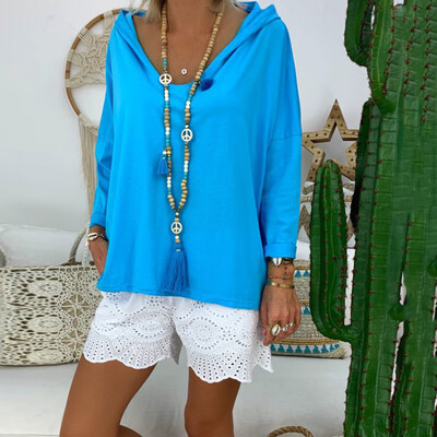 

Womens Sweatshirt Loose Thin Solid Color V-neck Hooded Long Sleeve T-shirt Tops