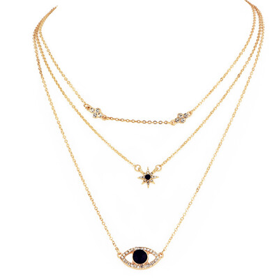 

MAA-OE Vintage Black Crystal Eye Pendant Multi layer Necklaces For Women Fashion Gold Long Hexagon Pendant Necklace Jewelry