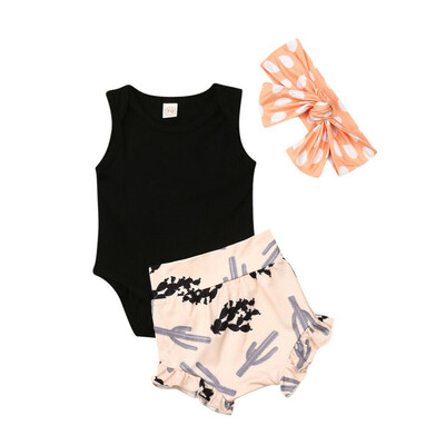 

Summer Newborn Baby Girls Clothes Cotton Romper Short Pants Headband Outfits