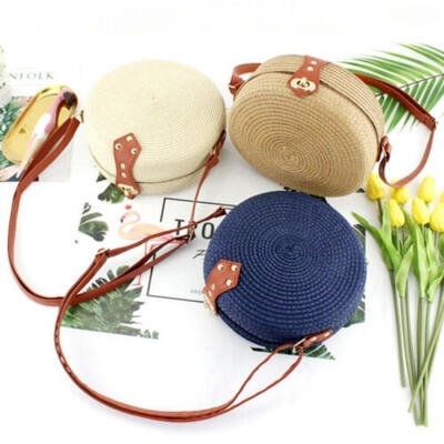 

2019 Fashion Beach Straw Woven Bags Rattan Basket Shoulder Bag Round Handbag