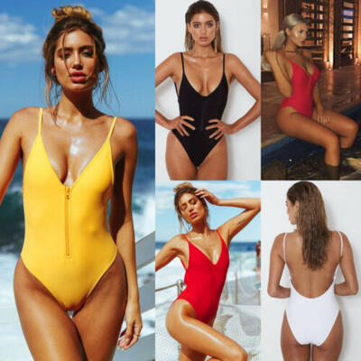 

Women Monokini Zipper Front Swimwear Padded Bra Backless One Piece Bikini -XL