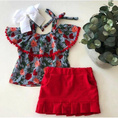 

USA Summer Toddler Kid Baby Girl Floral Stripe Tops Red Skirt Outfit Set Clothes