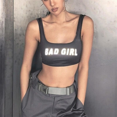 

93043 Europe&the United States new reflective sports letter vest Slim section exposed navel running fitness shirt wish explosi