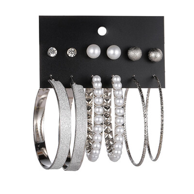

6 PairsSet Punk Oversize Fashion Exaggerated Pearl Matte Diamond Large Hoop Earrings For Women Girls Party Wedding Jewelry Gifts