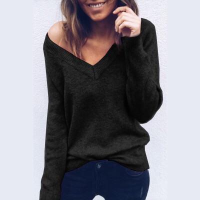 

Womens Long Sleeve V Neck Loose Knitted Sweater Ladies Casual Pure Jumper Tops