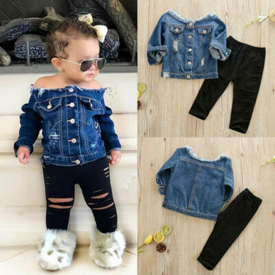 

US Infant Baby Girl Denim Off Shoulder Tops Shredded Pants Autumn Clothes 1-6Y