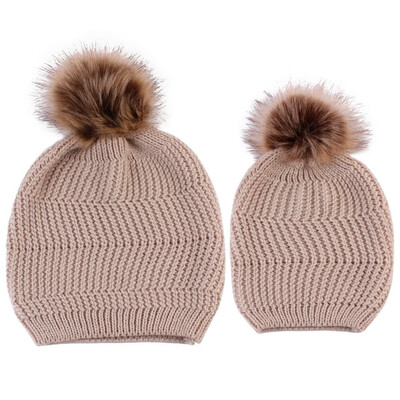 

Mother Baby Family Matching Hat Winter Knit Beanie Fur Pom Hat Crochet Ski Cap
