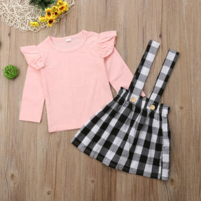 

2PCS Baby Toddler Girls Sweet Plaid T-shirt Suspender Skirt Dress Outfit Clothes