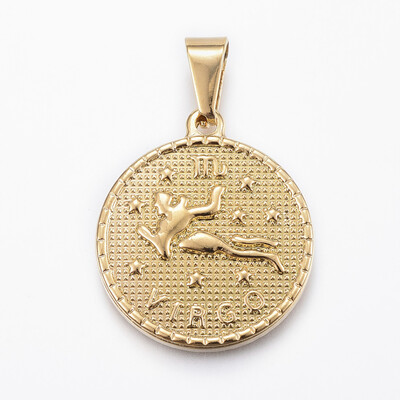 

304 Stainless Steel Pendants Flat Round with Twelve ConstellationZodiac Sign Virgo 29x25x32mm Hole 9x45mm