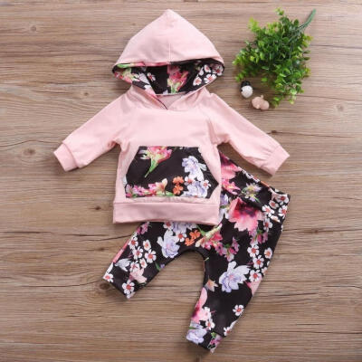 

Pink Newborn Infant Baby Girls Clothes Hooded Tops T-shirtFloral Pants Outfits Set