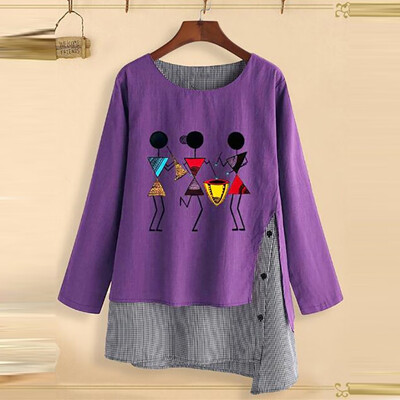 

Roseonmyhand Fashion Womens Plus Size Loose Long Sleeve Cotton Linen Splice Print Casual Tops