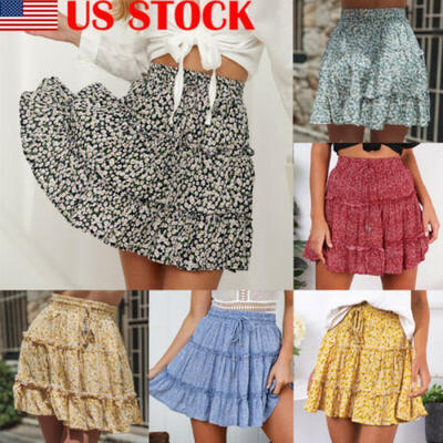 

Bohemian Elastic Waist Print Mini Skirt Women Ruffles Short Swing Beach Skirts