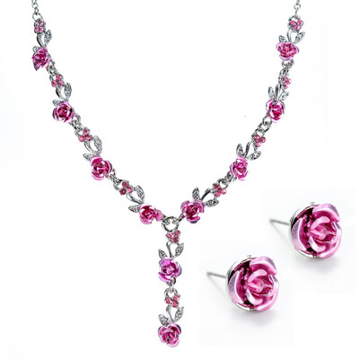 

Rose Flower Necklace Marriage Rhinestone Fashion Necklace Earring Sets Wedding Bridal Jewelry Set African Beads Jewelry Set