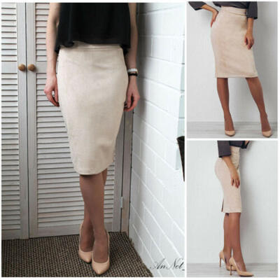 

Women High Waist Suede Skinny Bodycon Pencil Stretch Split Midi Skirt Ladies