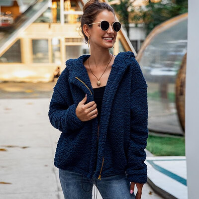 

Fashion Women Autumn Winter Faux Fur Coat Hooded Long Sleeve Solid Pockets Zipper Fluffy Outerwear Jacket BeigeRoyal Blue