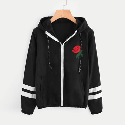 

Roseonmyhand Women Long Sleeve Rose Thin Skinsuits Hooded Zip Floral Pockets Sport Coat