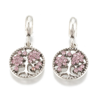 

Alloy European Dangle Beads with Rhinestone Large Hole Pendants Flat Round with Tree Antique Silver Light Rose 27mm